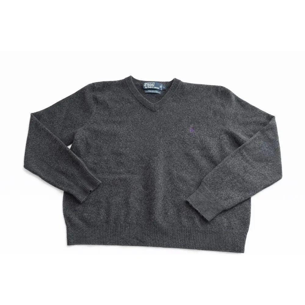 Polo By Ralph Lauren Vintage Lambswool Dark Grey V Neck Sweater Size Large